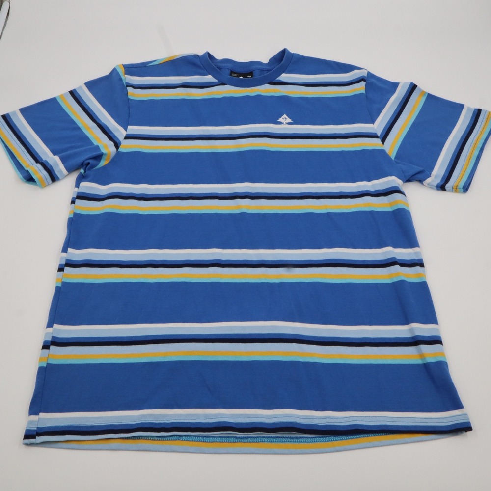 LRG Lifted Research Group Striped T-Shirt Mens XL Blue Yellow Short Sleeve Tee